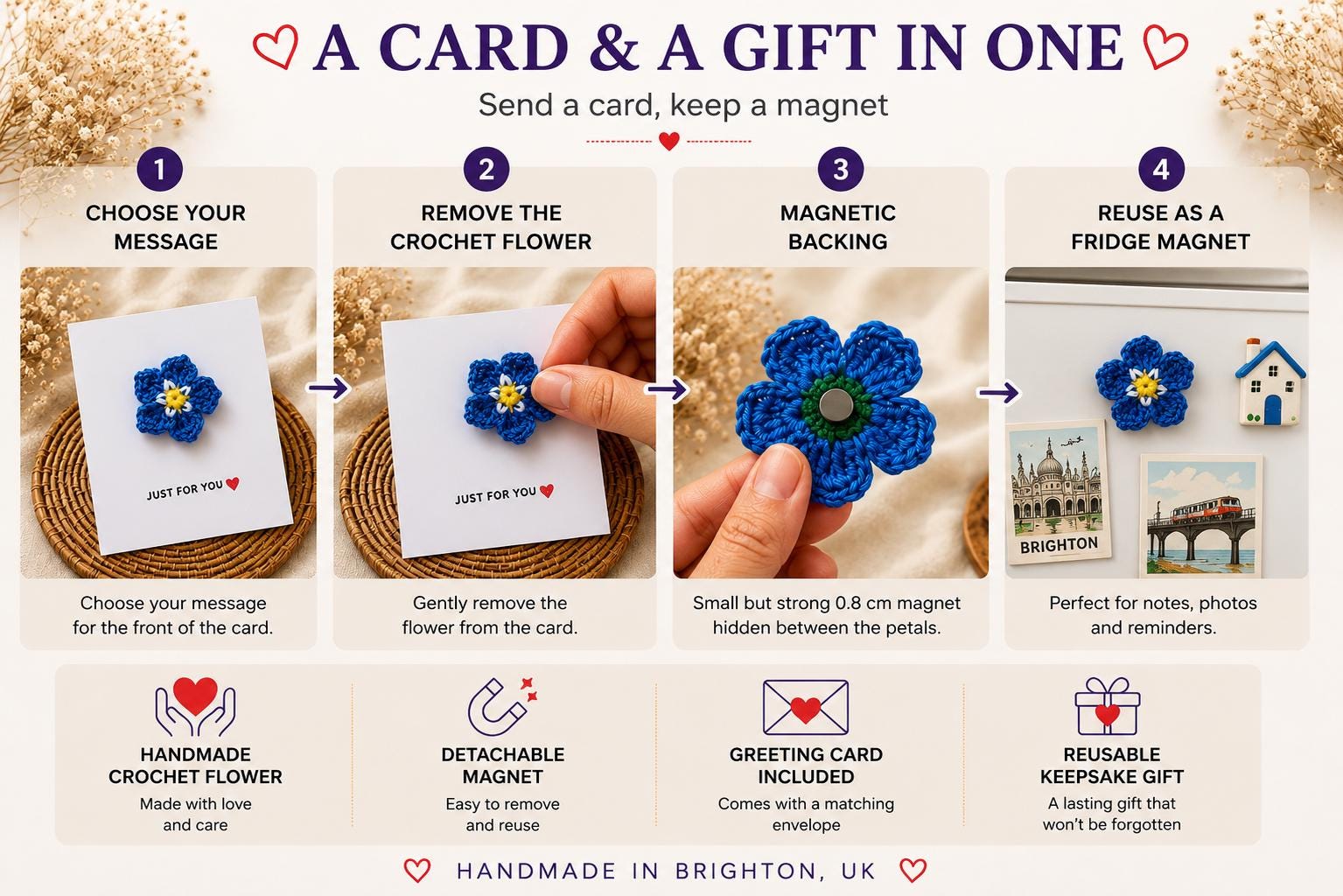 Crochet Forget Me Not Card with Removable Keepsake Magnet, Handmade Floral Greeting Gift __etsy:8104828000