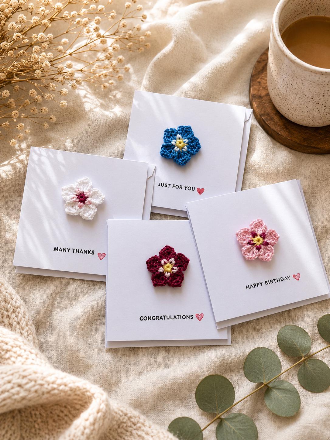 Crochet Forget Me Not Card with Removable Keepsake Magnet, Handmade Floral Greeting Gift __etsy:8152407673