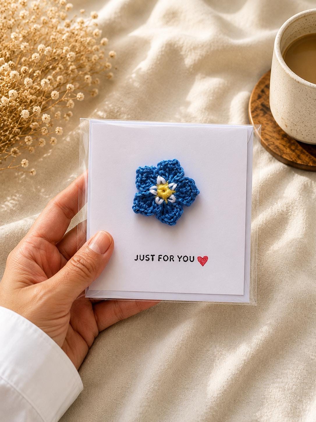 Crochet Forget Me Not Card with Removable Keepsake Magnet, Handmade Floral Greeting Gift __etsy:8104537360
