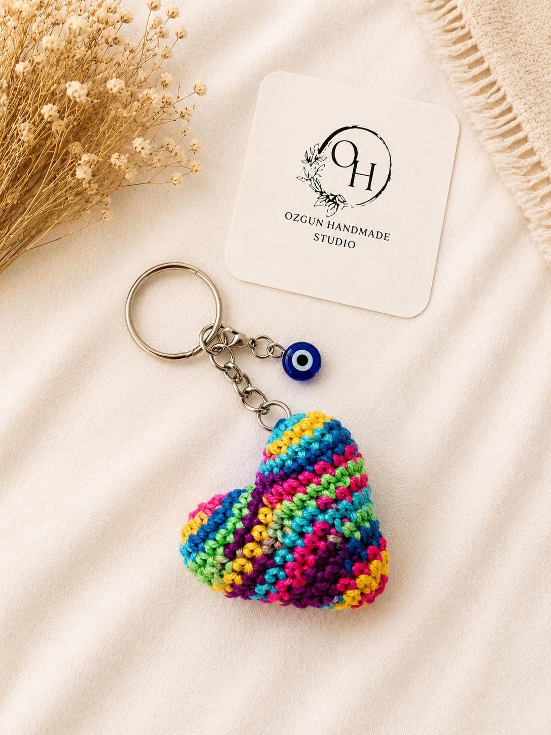 Crochet Heart Keychain: Evil Eye Charm, Handmade Amigurumi Bag Charm __etsy:8132486759