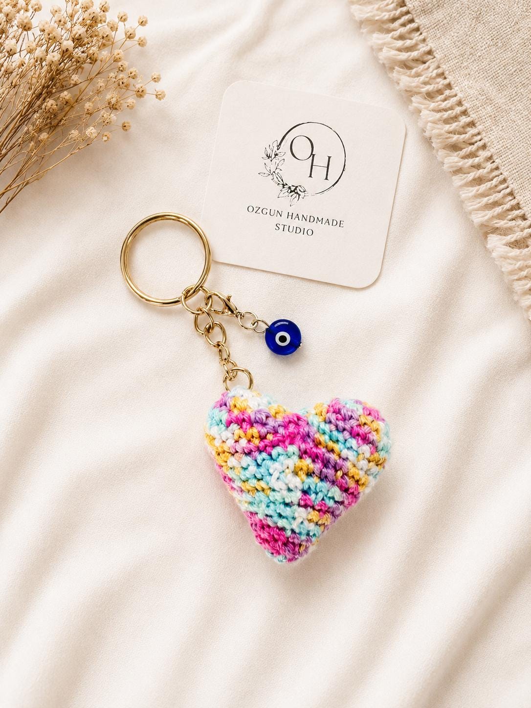 Crochet Heart Keychain: Evil Eye Charm, Handmade Amigurumi Bag Charm __etsy:8084577802