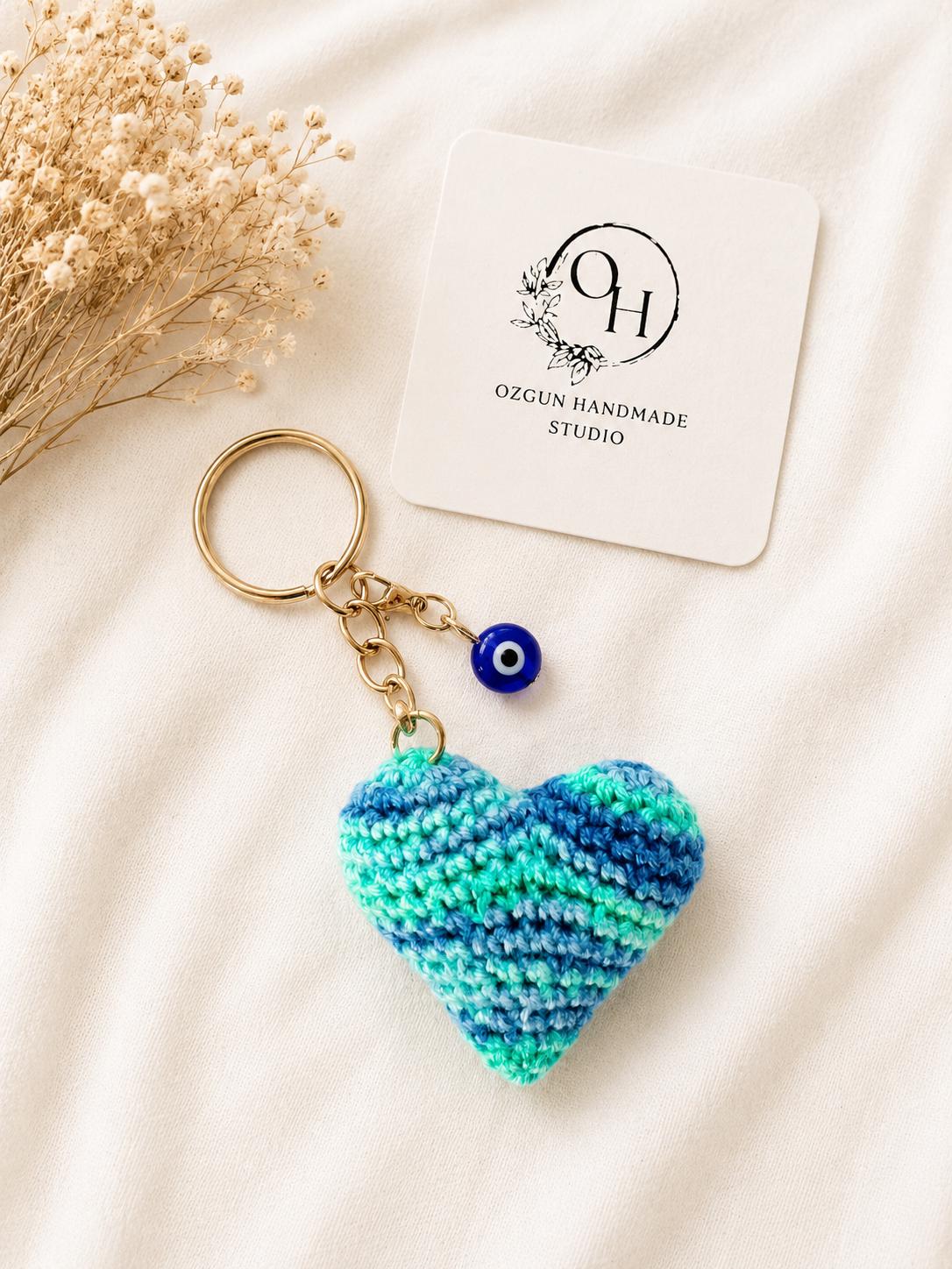 Crochet Heart Keychain: Evil Eye Charm, Handmade Amigurumi Bag Charm __etsy:8132486785