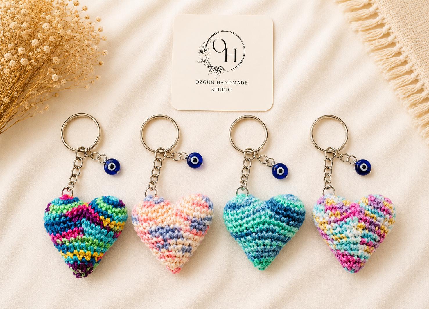 Crochet Heart Keychain: Evil Eye Charm, Handmade Amigurumi Bag Charm __etsy:8132499023