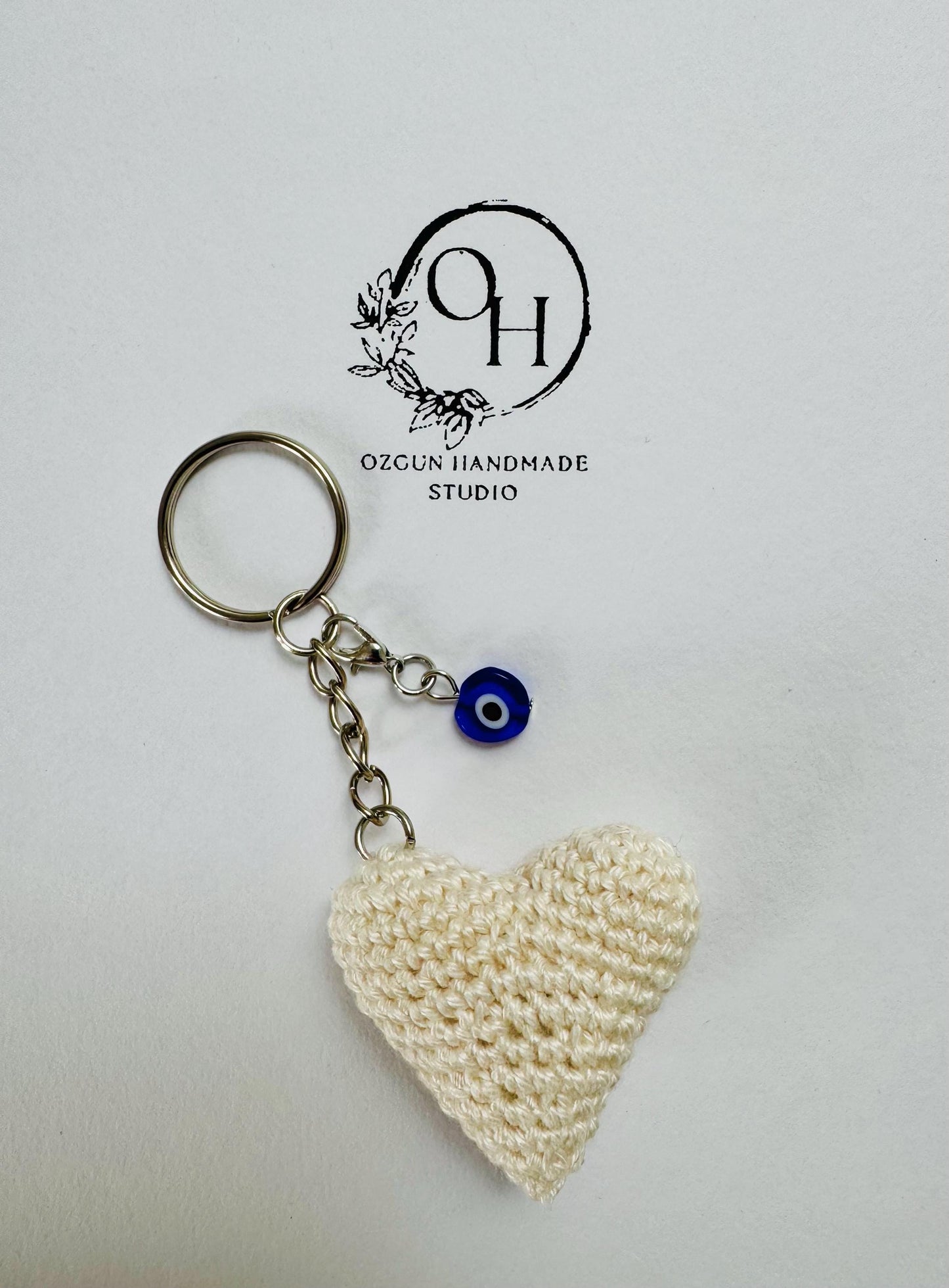 Crochet Heart Keychain: Evil Eye Charm, Handmade Cotton Amigurumi __etsy:7122037206