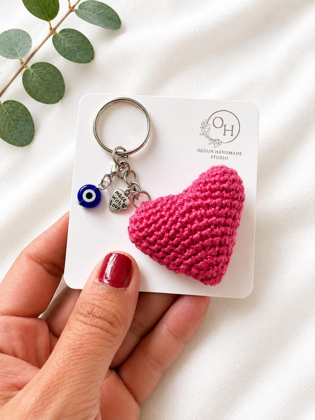 Crochet Heart Keychain: Evil Eye Charm, Handmade Cotton Amigurumi __etsy:8084743190