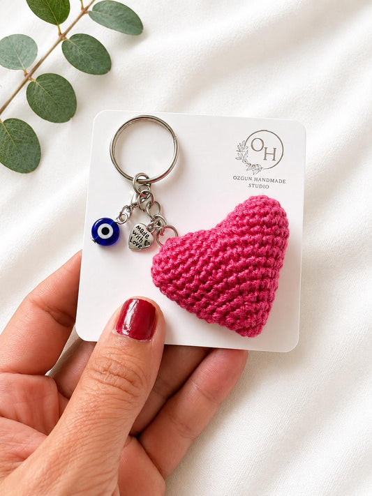 Crochet Heart Keychain: Evil Eye Charm, Handmade Cotton Amigurumi __etsy:8084743190
