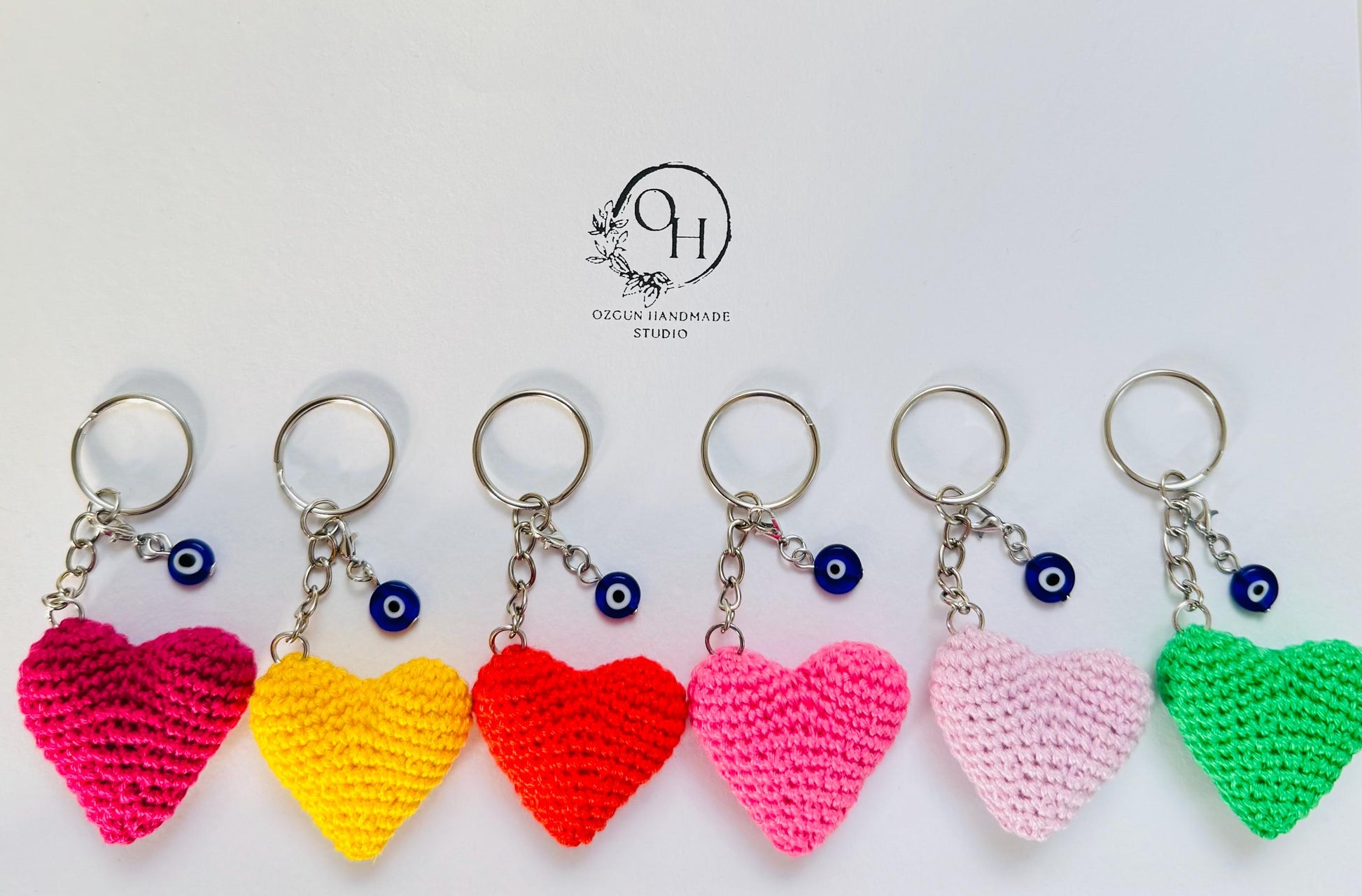 Crochet Heart Keychain: Evil Eye Charm, Handmade Cotton Amigurumi __etsy:7161754293