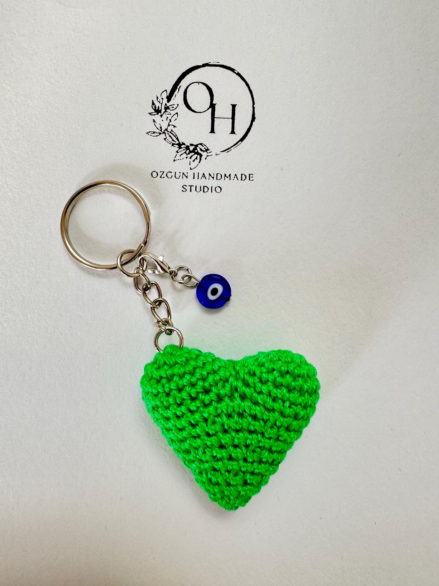 Crochet Heart Keychain: Evil Eye Charm, Handmade Cotton Amigurumi __etsy:7113781324