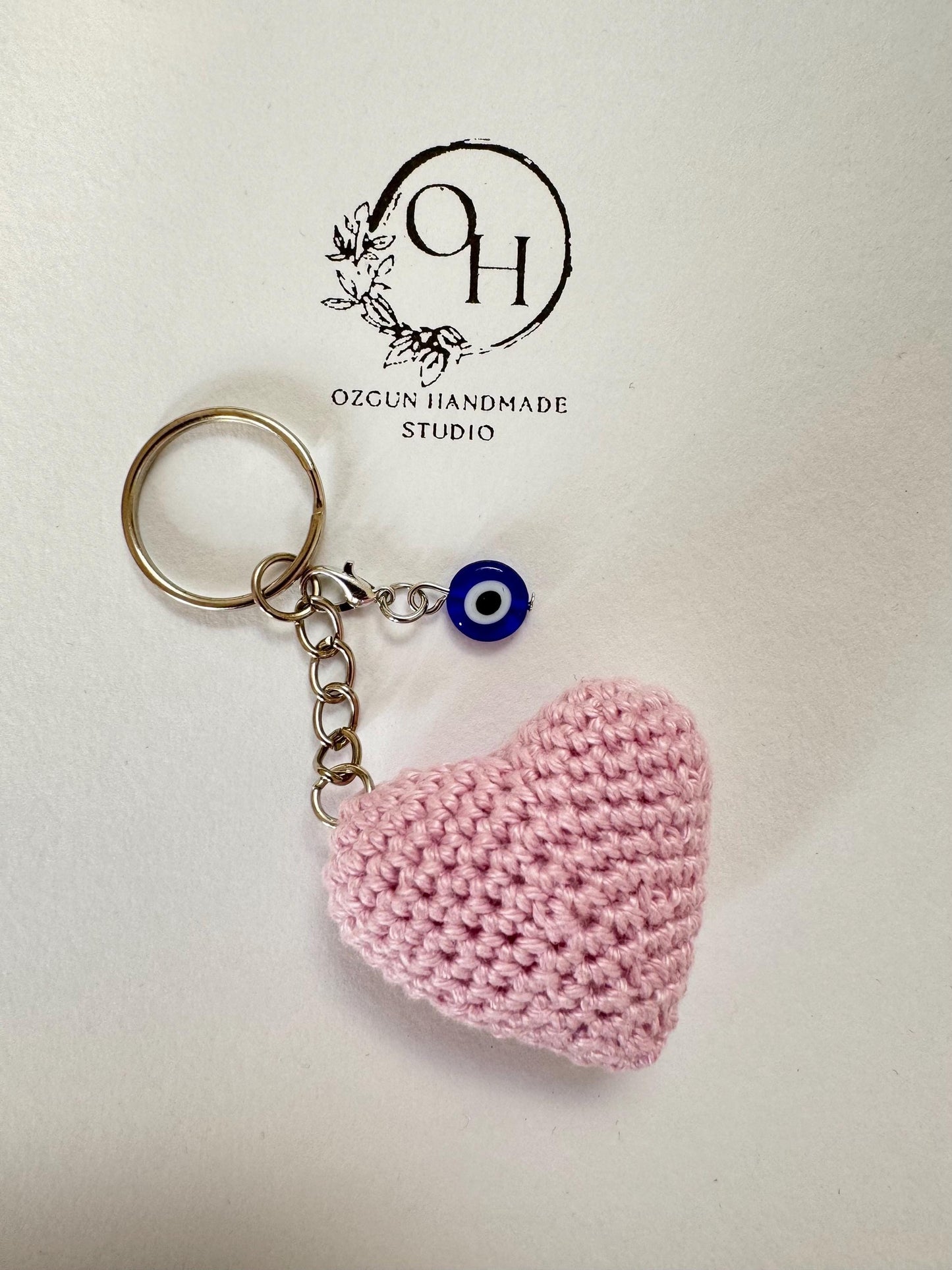 Crochet Heart Keychain: Evil Eye Charm, Handmade Cotton Amigurumi __etsy:7161754295
