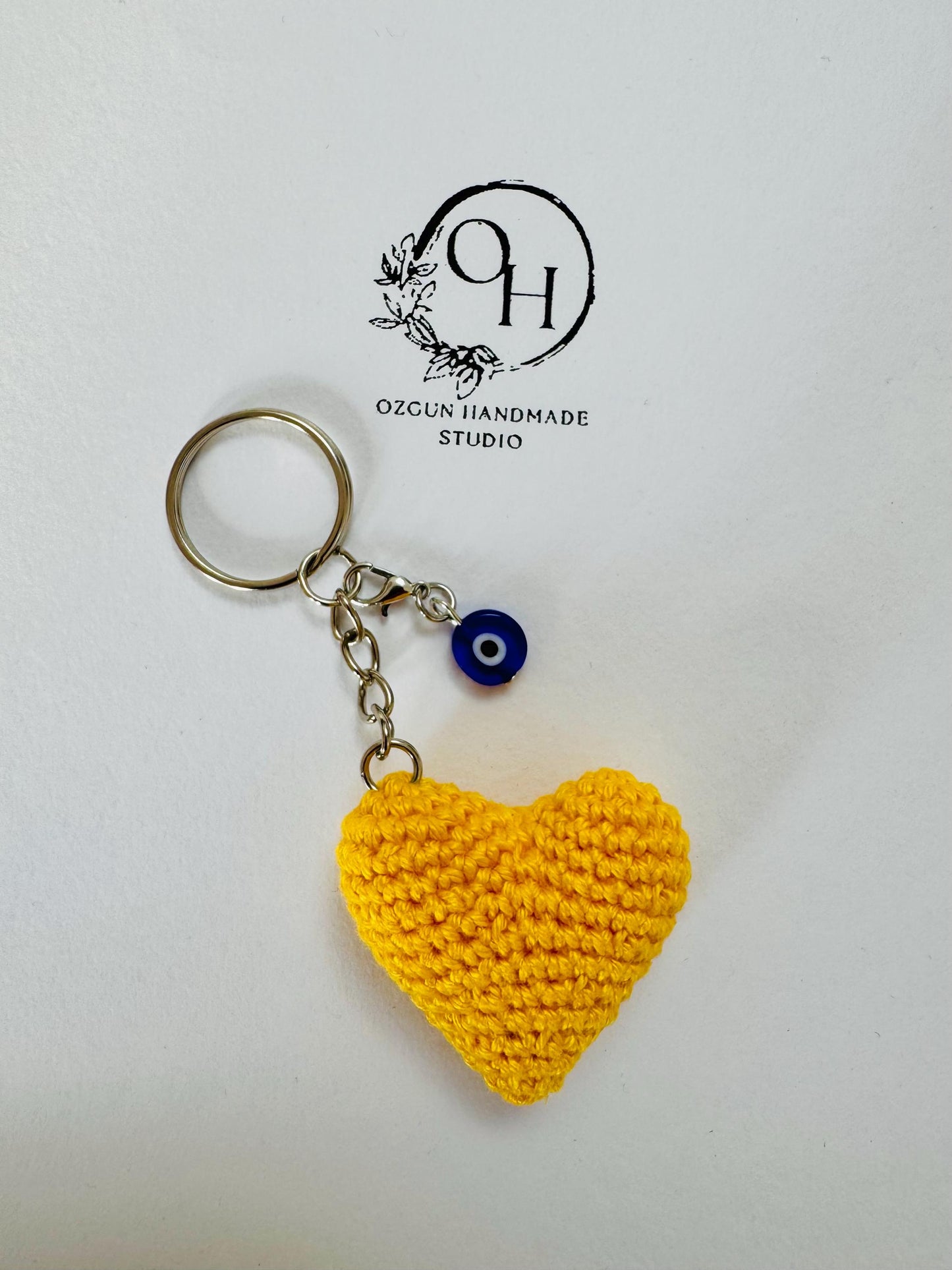 Crochet Heart Keychain: Evil Eye Charm, Handmade Cotton Amigurumi __etsy:7113781308