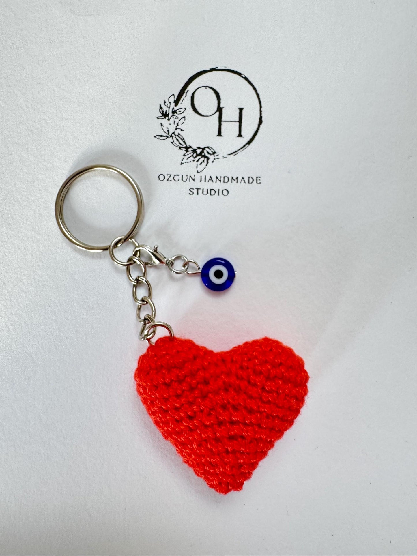 Crochet Heart Keychain: Evil Eye Charm, Handmade Cotton Amigurumi __etsy:7161754265
