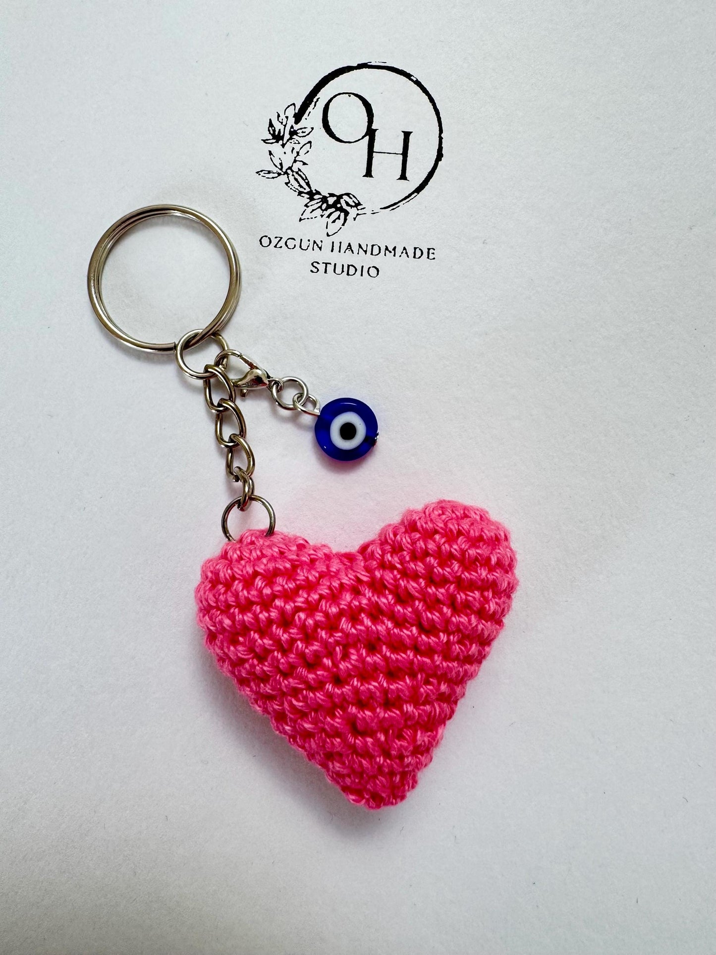 Crochet Heart Keychain: Evil Eye Charm, Handmade Cotton Amigurumi __etsy:7113781332