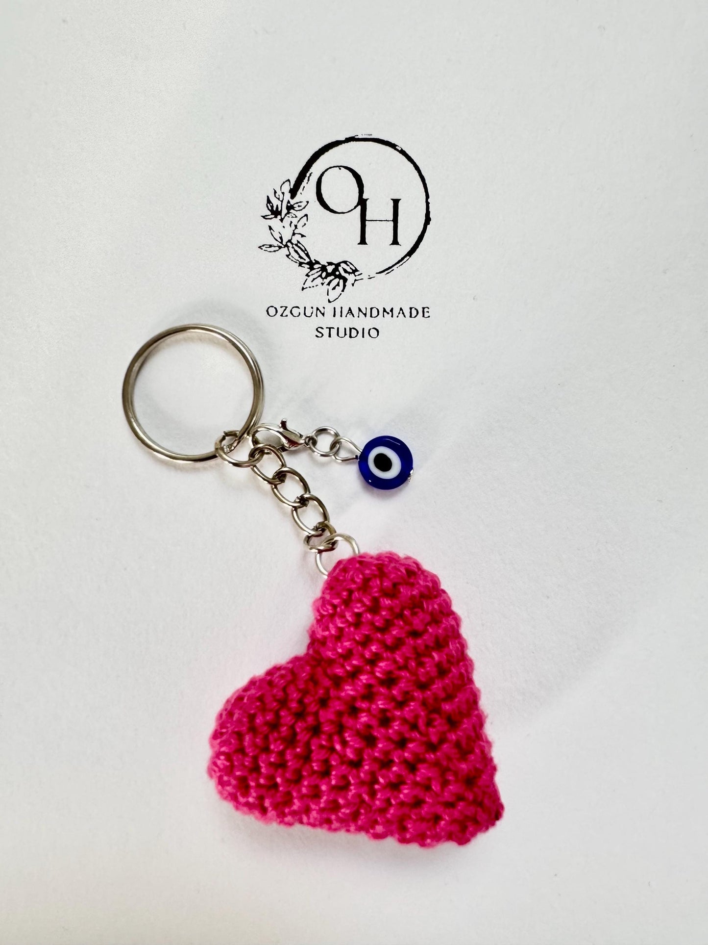 Crochet Heart Keychain: Evil Eye Charm, Handmade Cotton Amigurumi __etsy:7113781310