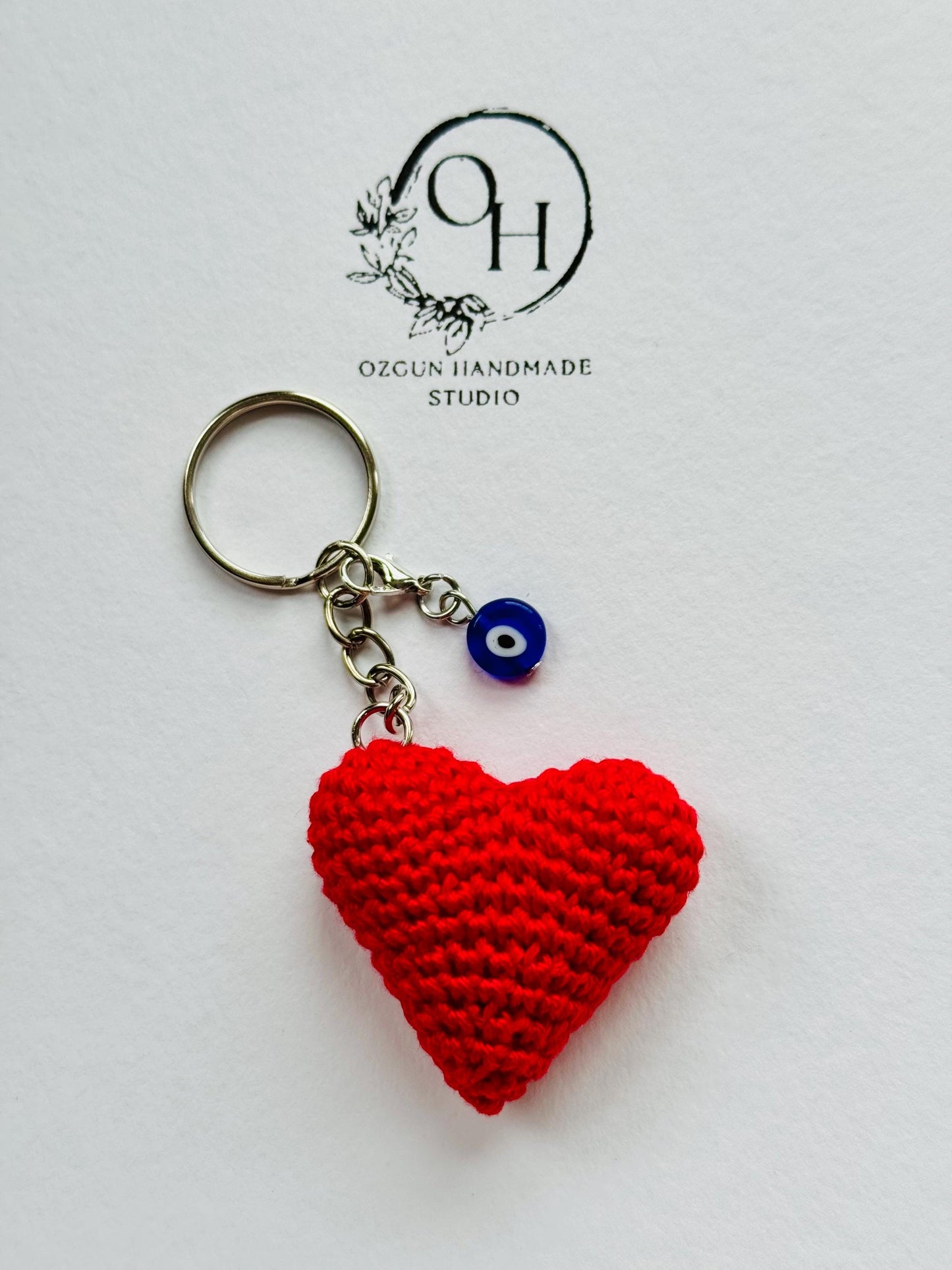 Crochet Heart Keychain: Evil Eye Charm, Handmade Cotton Amigurumi __etsy:7118872410