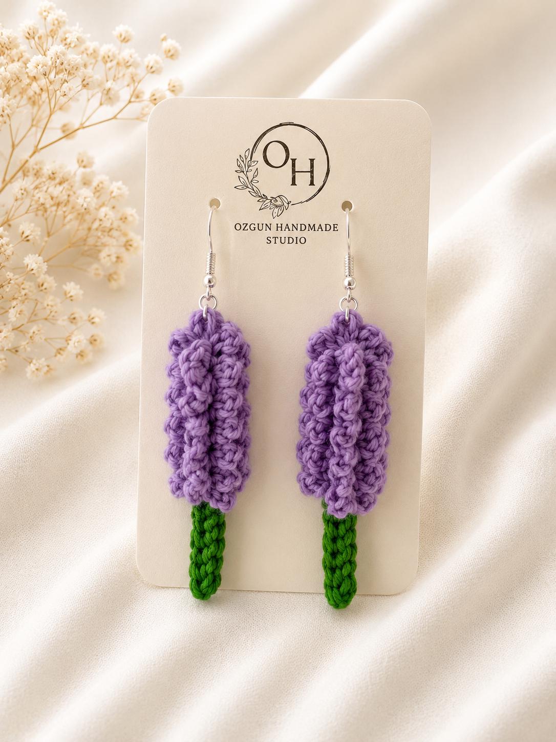 Crochet Lavender Earrings, Botanical Floral Earrings, Matching Brooch Set, Lilac Purple White __etsy:8102018589