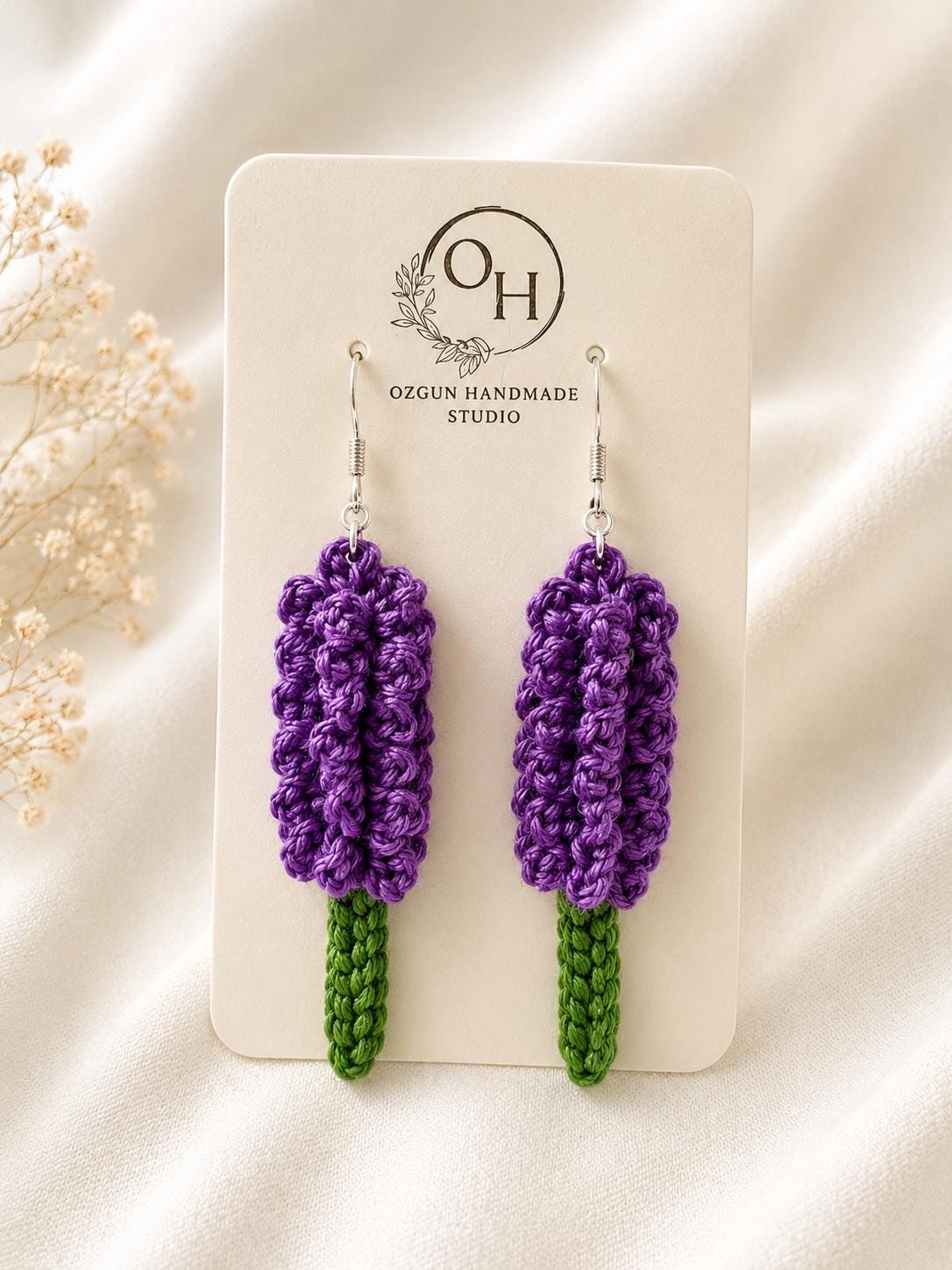 Crochet Lavender Earrings, Botanical Floral Earrings, Matching Brooch Set, Lilac Purple White __etsy:8102034075