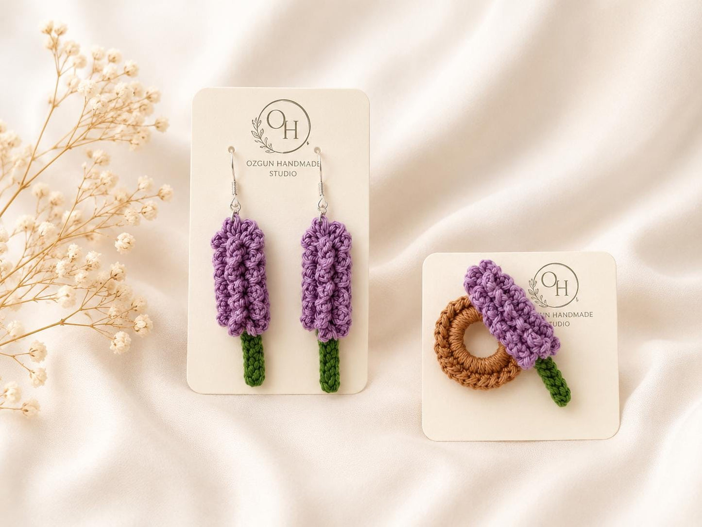 Crochet Lavender Earrings, Botanical Floral Earrings, Matching Brooch Set, Lilac Purple White __etsy:8102709627
