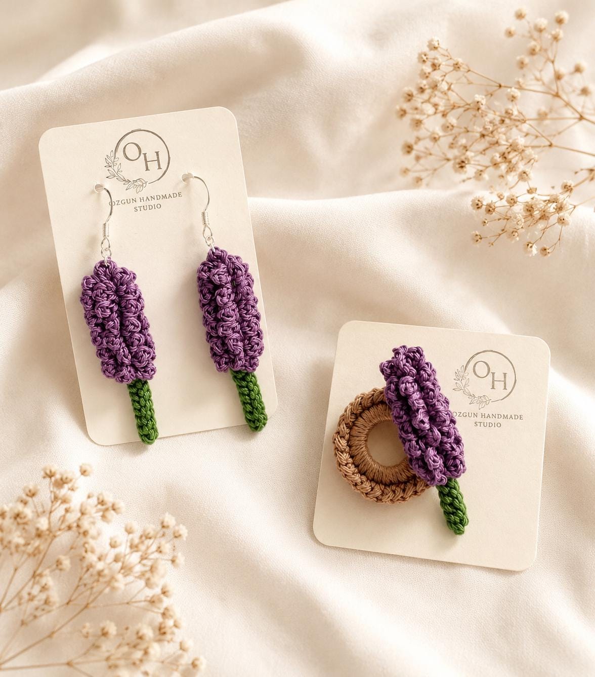 Crochet Lavender Earrings, Botanical Floral Earrings, Matching Brooch Set, Lilac Purple White __etsy:8106155327