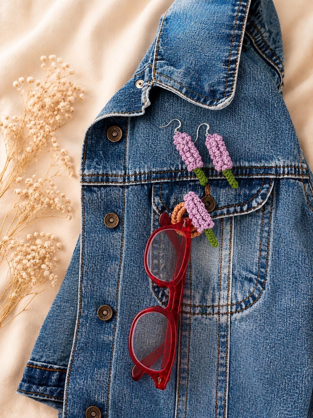 Crochet Lavender Earrings, Botanical Floral Earrings, Matching Brooch Set, Lilac Purple White __etsy:8106187275