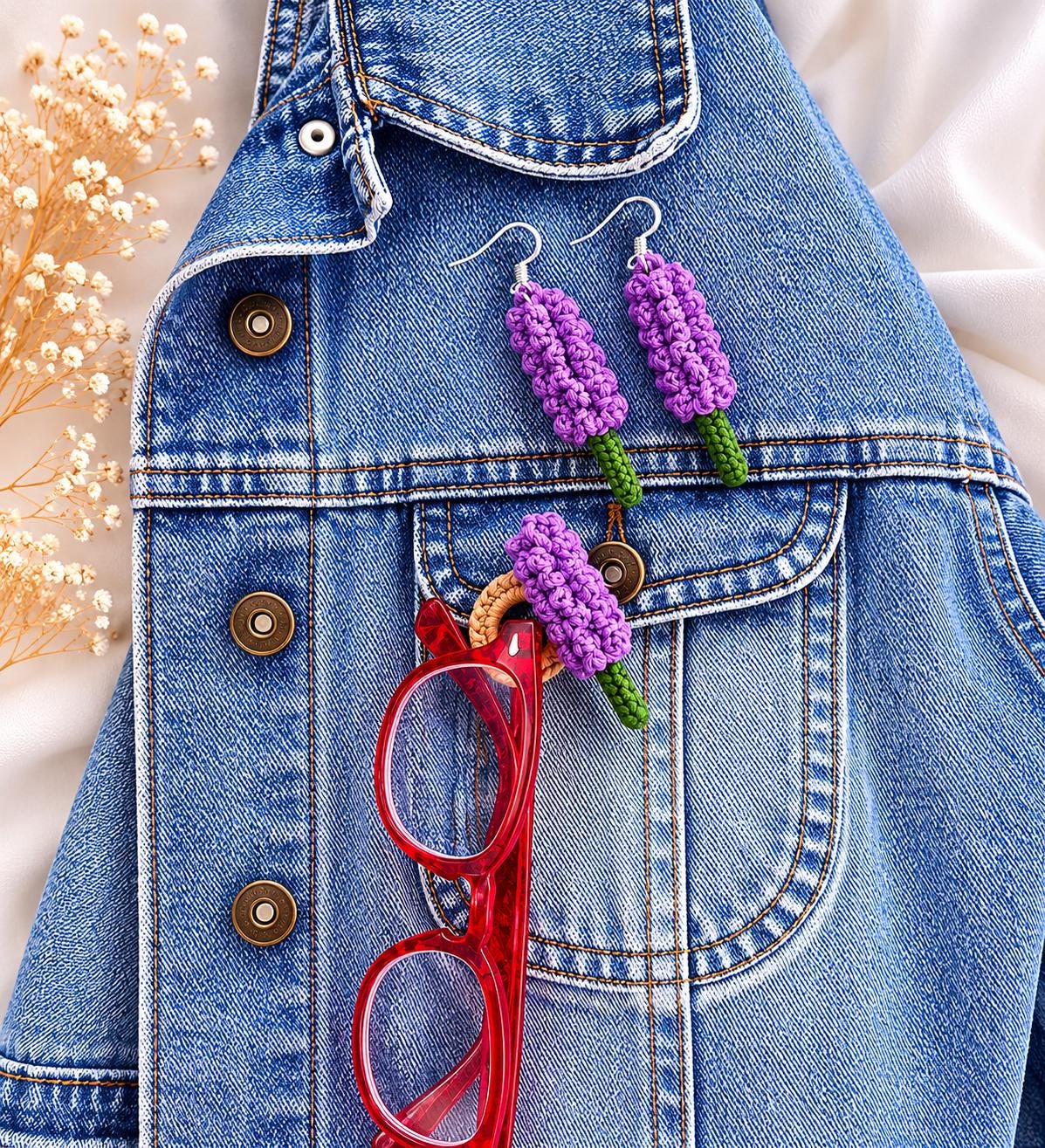 Crochet Lavender Earrings, Botanical Floral Earrings, Matching Brooch Set, Lilac Purple White __etsy:8058290488