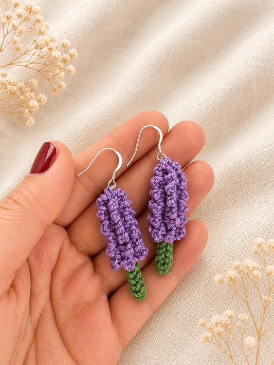 Crochet Lavender Earrings, Botanical Floral Earrings, Matching Brooch Set, Lilac Purple White __etsy:8115928731