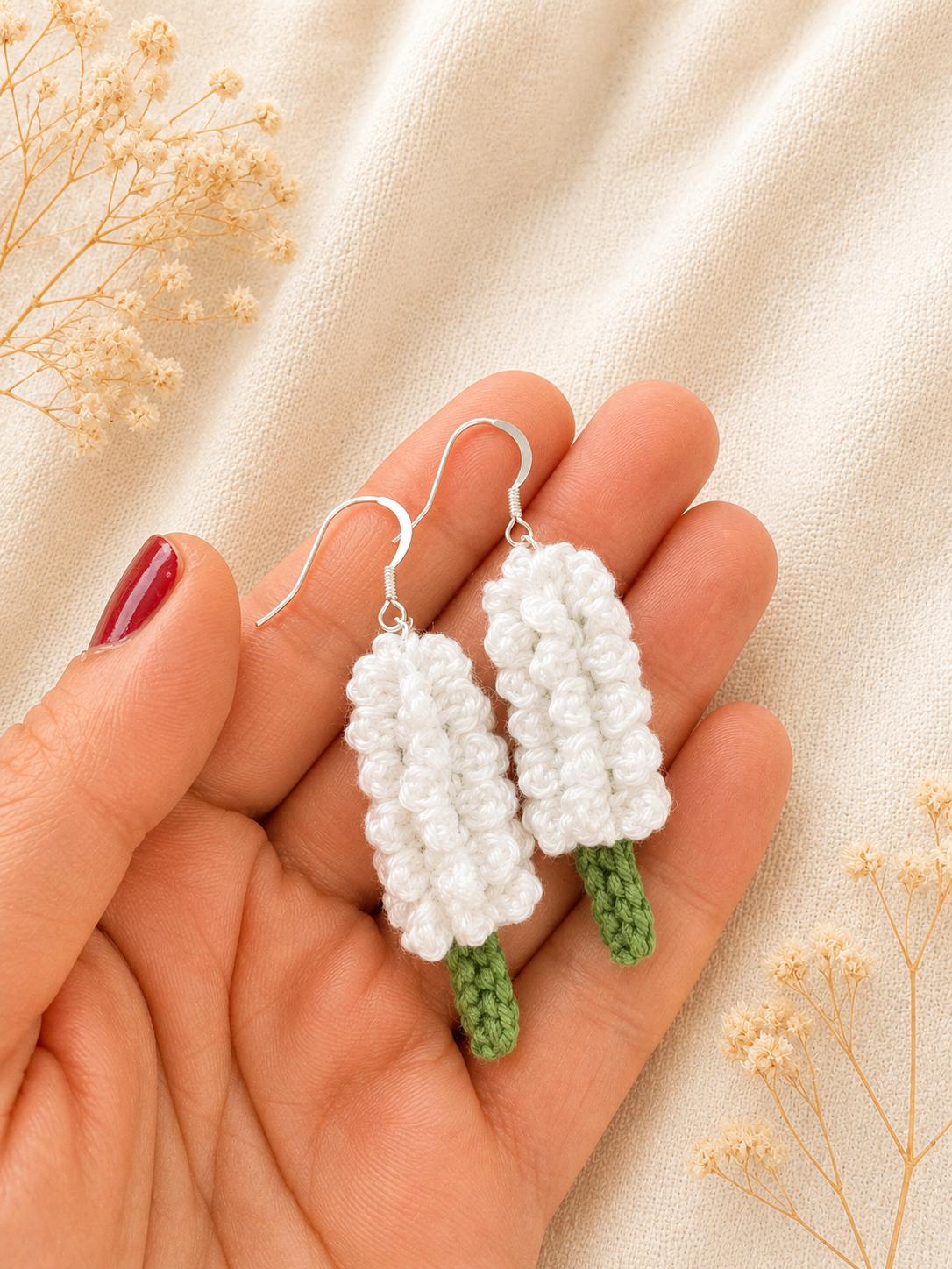 Crochet Lavender Earrings, Botanical Floral Earrings, Matching Brooch Set, Lilac Purple White __etsy:8068010946