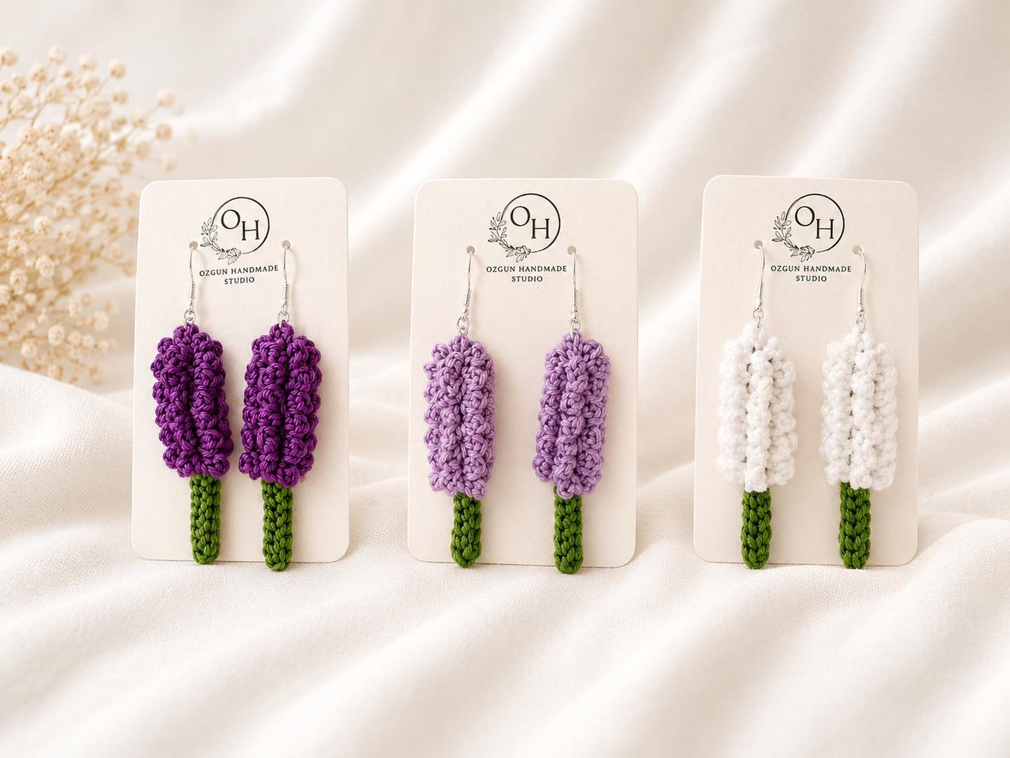 Crochet Lavender Earrings, Botanical Floral Earrings, Matching Brooch Set, Lilac Purple White __etsy:8054127310