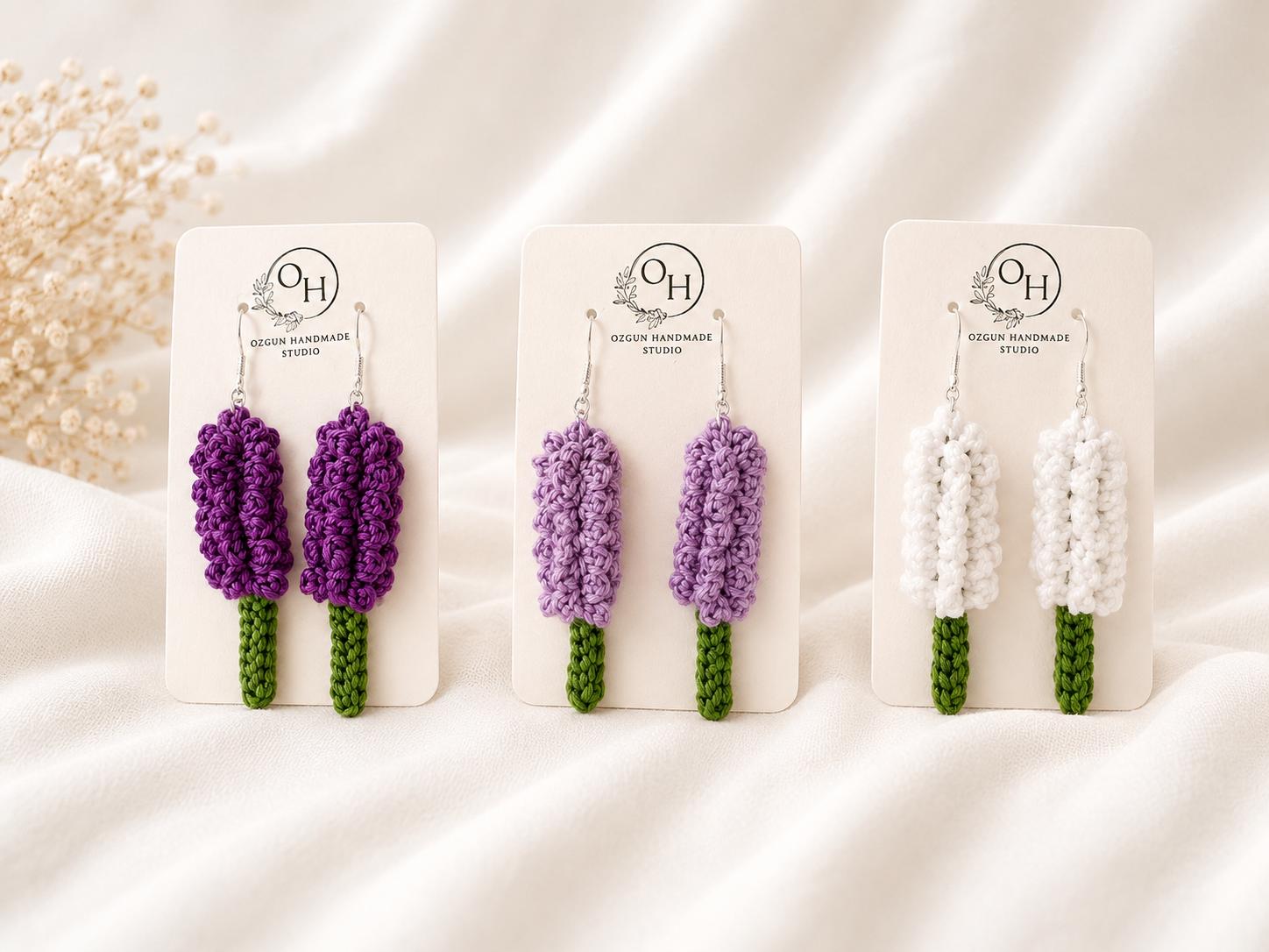 Crochet Lavender Earrings, Botanical Floral Earrings, Matching Brooch Set, Lilac Purple White __etsy:8054127310
