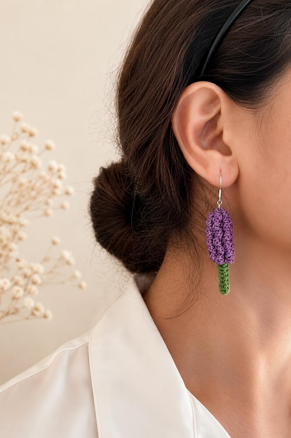 Crochet Lavender Earrings, Botanical Floral Earrings, Matching Brooch Set, Lilac Purple White __etsy:8058248884