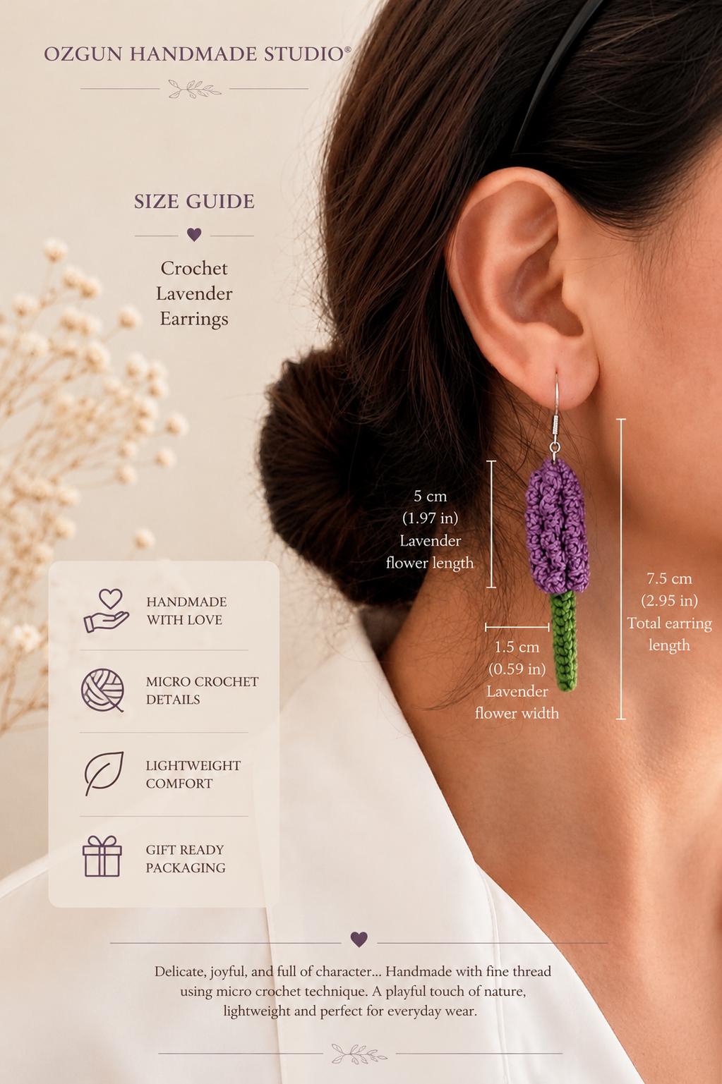 Crochet Lavender Earrings, Botanical Floral Earrings, Matching Brooch Set, Lilac Purple White __etsy:8058592658