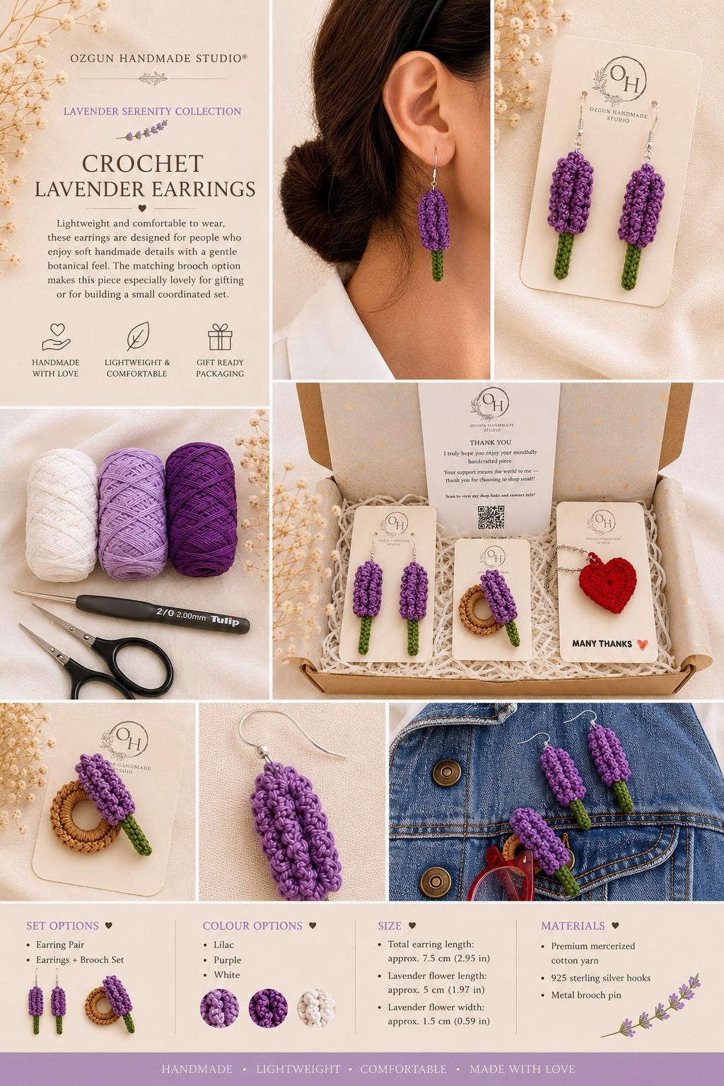 Crochet Lavender Earrings, Botanical Floral Earrings, Matching Brooch Set, Lilac Purple White __etsy:8106504997