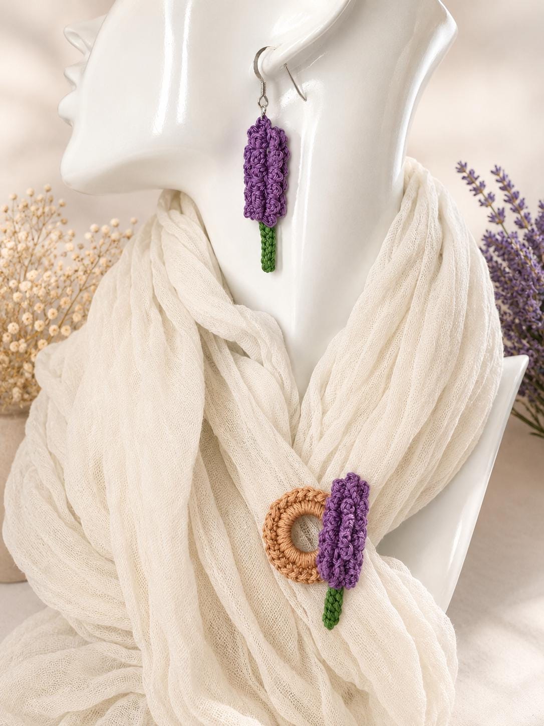 Crochet Lavender Earrings, Botanical Floral Earrings, Matching Brooch Set, Lilac Purple White __etsy:8106138505