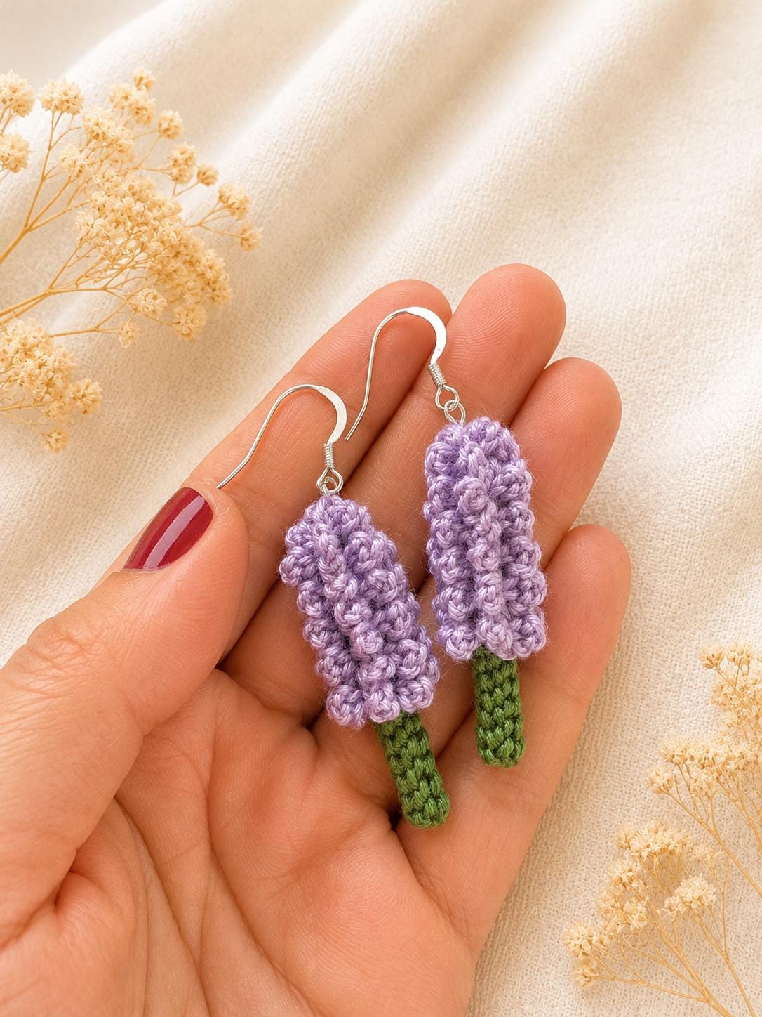 Crochet Lavender Earrings, Botanical Floral Earrings, Matching Brooch Set, Lilac Purple White __etsy:8115928723