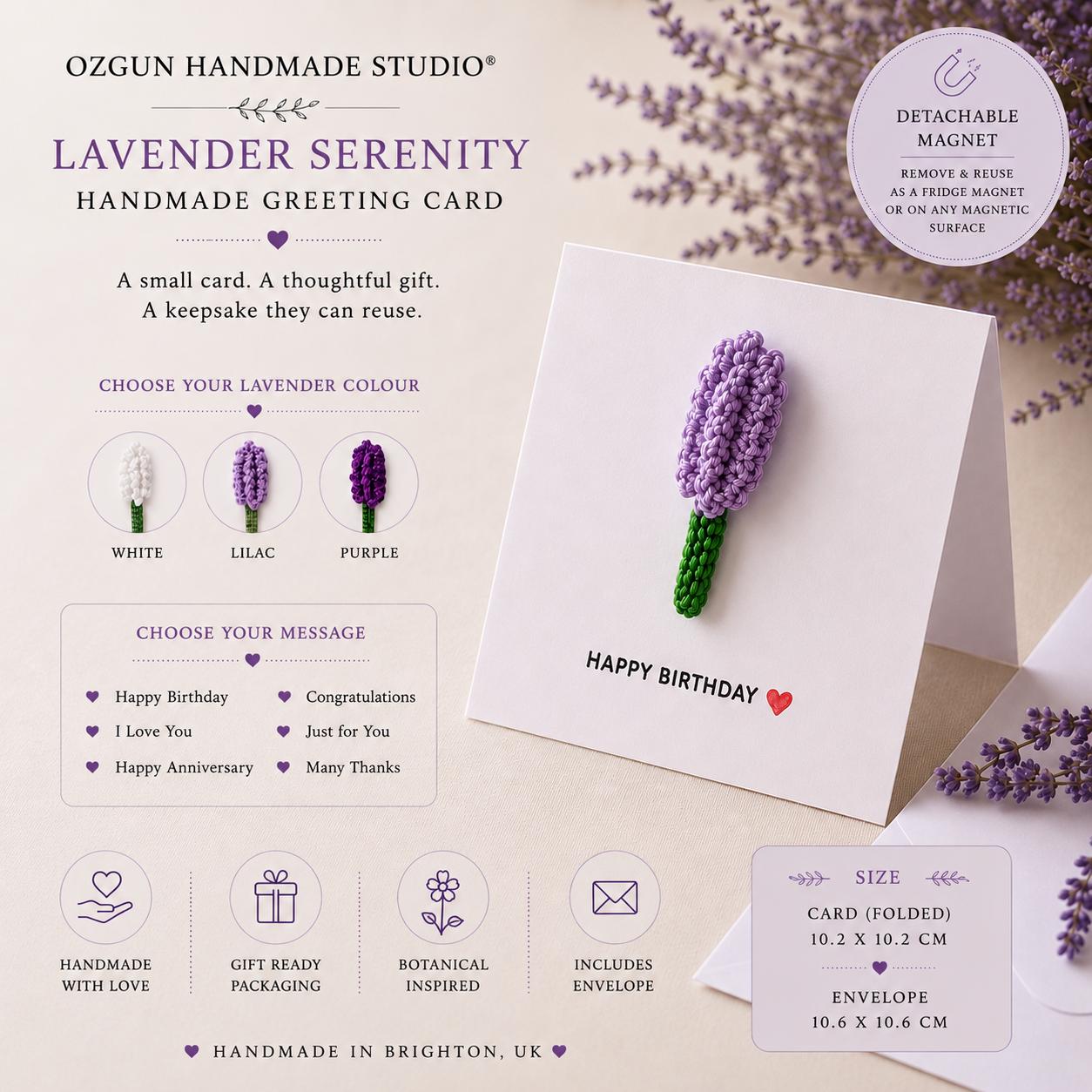 Crochet Lavender Flower Card, Botanical Gift, Removable Keepsake Magnet __etsy:8053468492