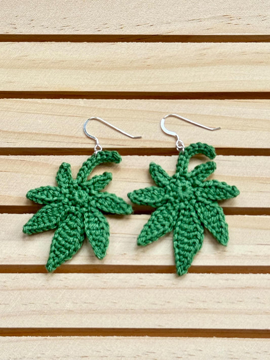 Crochet Maple Leaf Dangle Earrings - Sterling Silver Hooks
