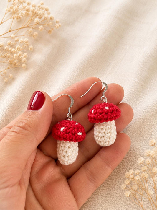 Crochet Mushroom Earrings, Sterling Silver Hooks, Toadstool Earrings, Cottagecore Jewelry, Glasses Holder Set __etsy:8115937497
