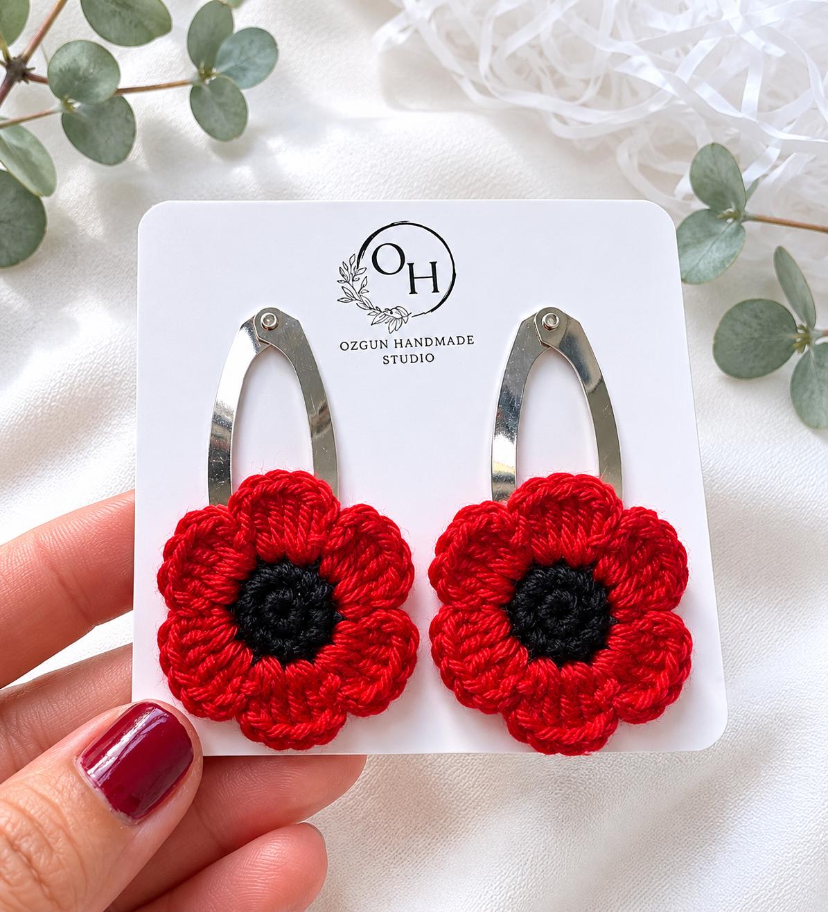 Crochet Poppy Flower Bookmark, Book Lover Gift, Teacher, Reading Accessory (Bookmark + Hair Clips Set) __etsy:8094606328