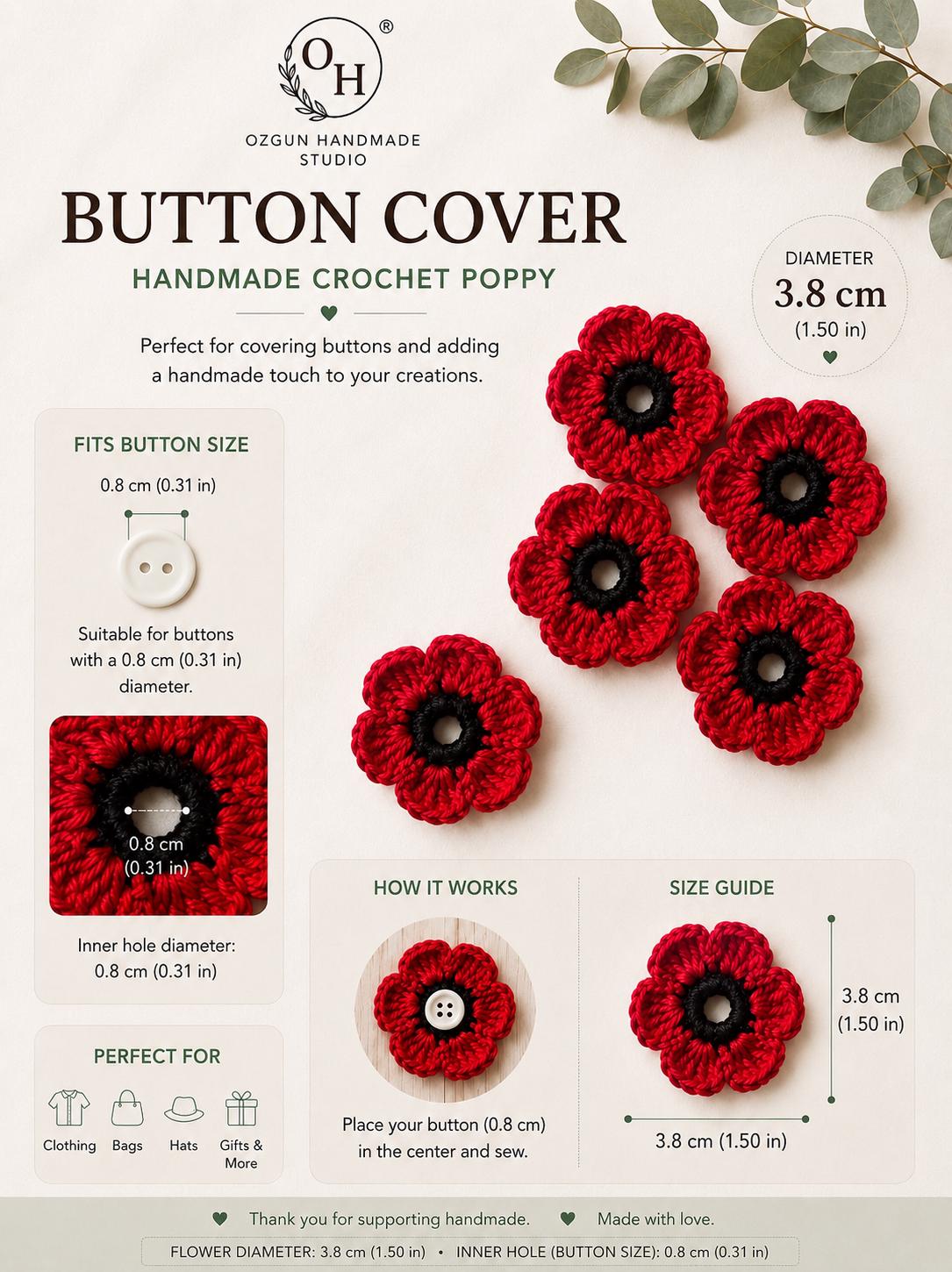 Crochet Poppy Flower Button Covers, No-Sew Removable Floral Shirt Accessory __etsy:8093864746