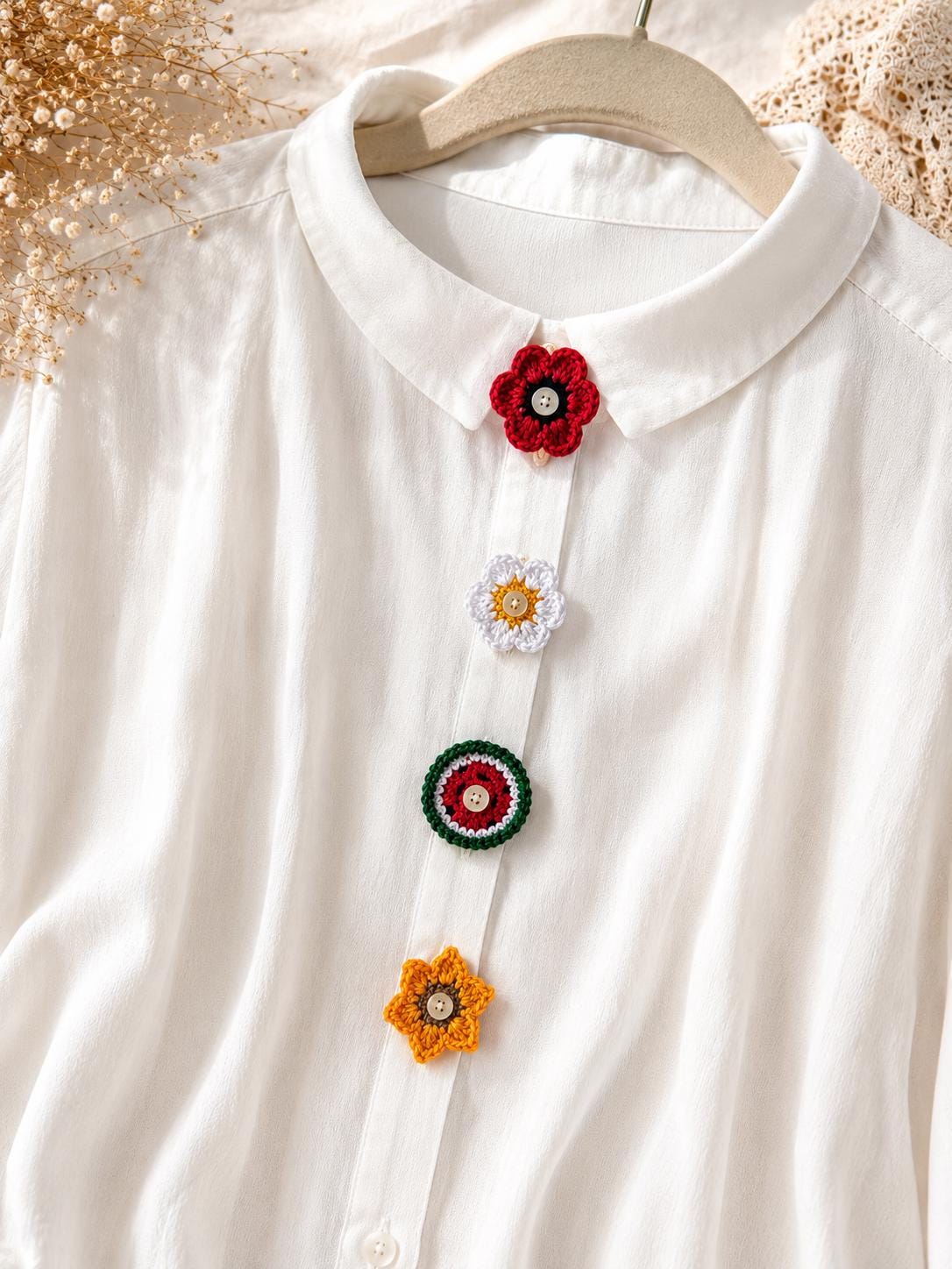 Crochet Poppy Flower Button Covers, No-Sew Removable Floral Shirt Accessory __etsy:8093777806