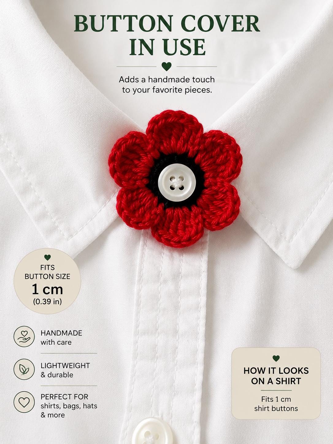 Crochet Poppy Flower Button Covers, No-Sew Removable Floral Shirt Accessory __etsy:8093864660