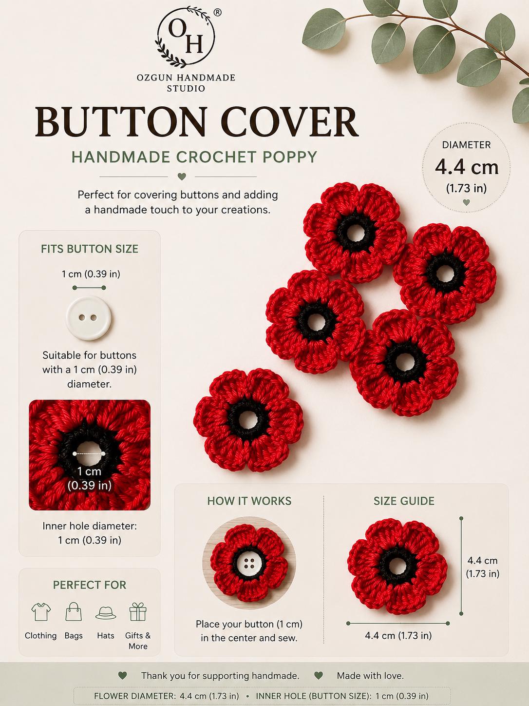 Crochet Poppy Flower Button Covers, No-Sew Removable Floral Shirt Accessory __etsy:8093864678