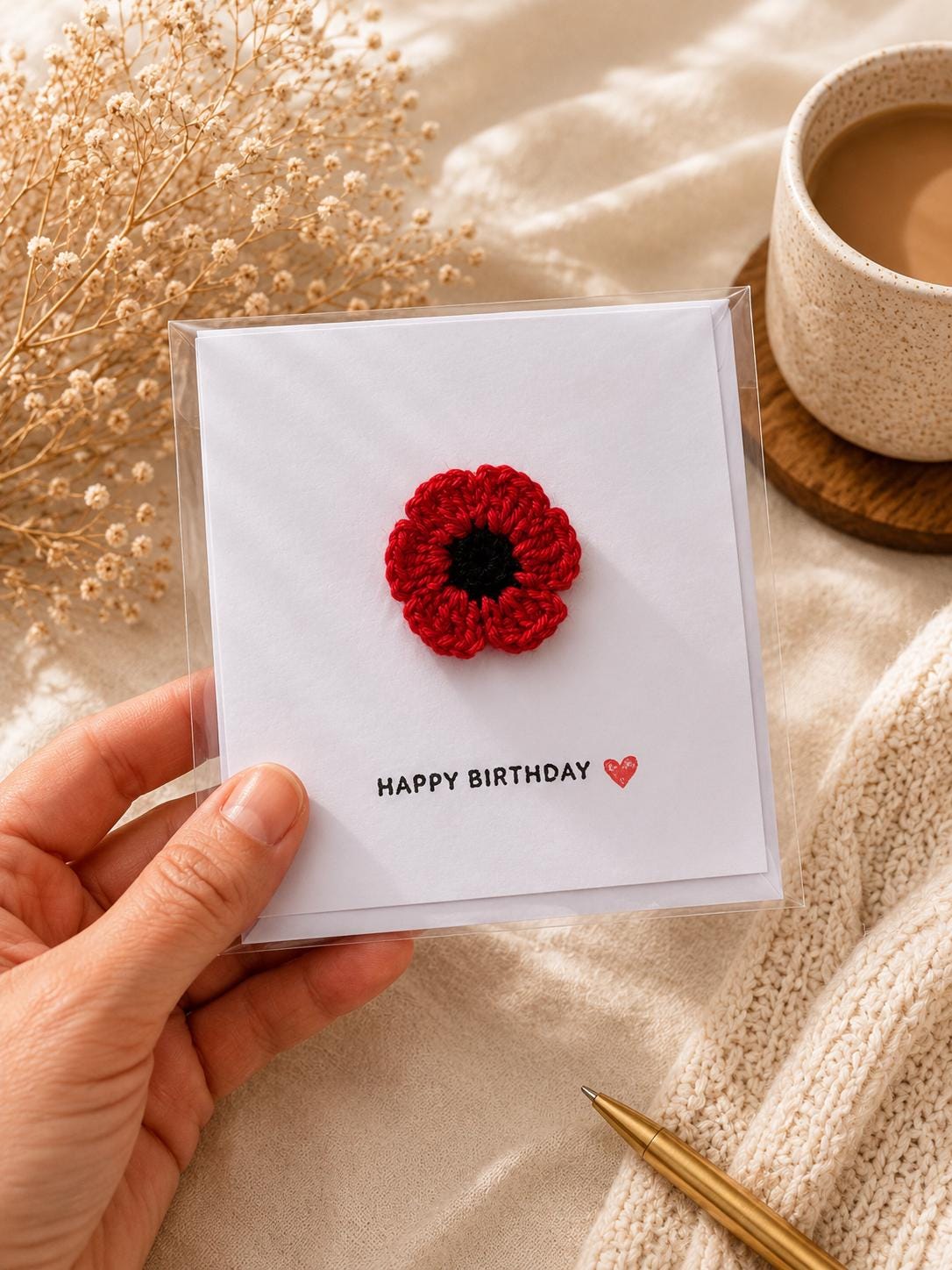 Crochet Poppy Flower Card with Removable Keepsake Magnet, Handmade Floral Greeting __etsy:8152580283