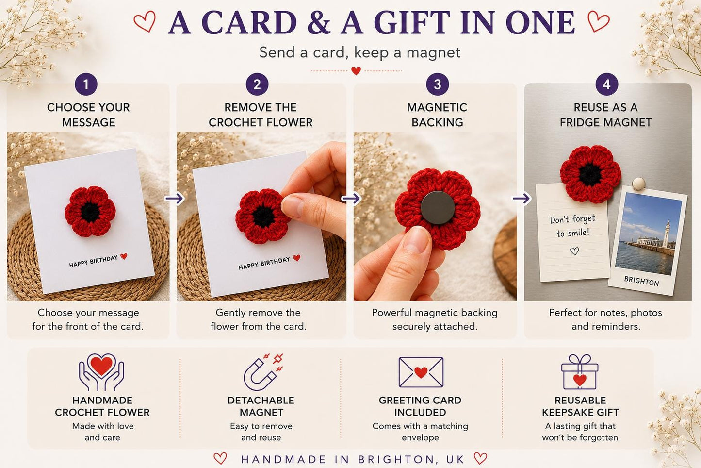 Crochet Poppy Flower Card with Removable Keepsake Magnet, Handmade Floral Greeting __etsy:8152571693