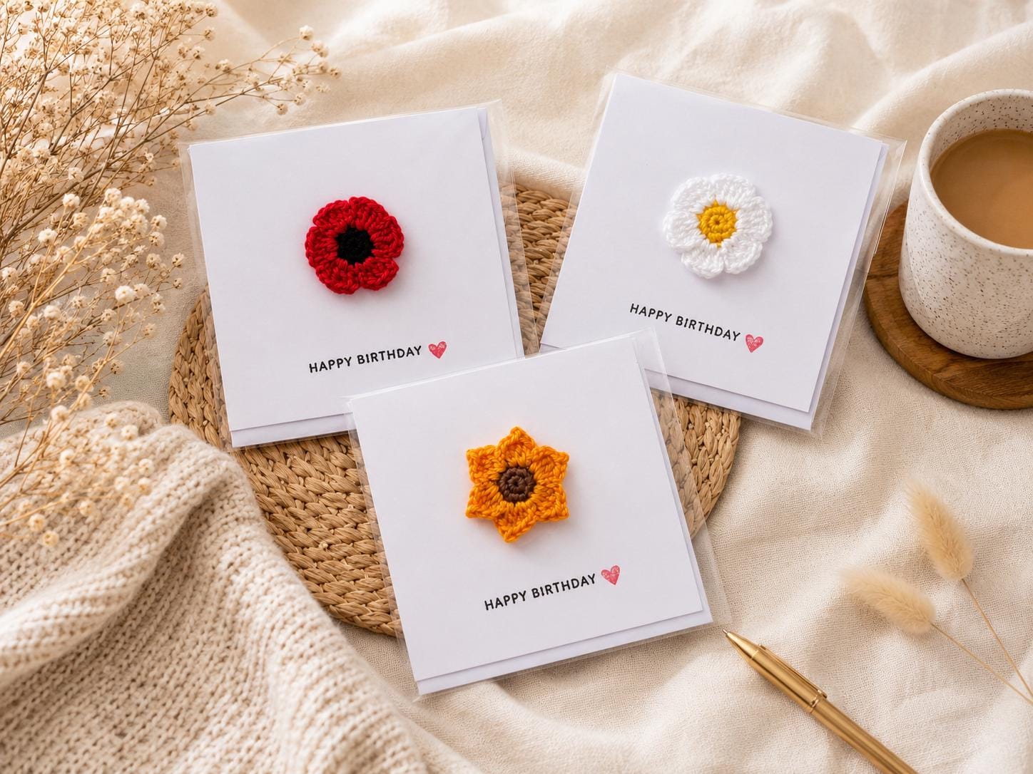 Crochet Poppy Flower Card with Removable Keepsake Magnet, Handmade Floral Greeting __etsy:8152571697