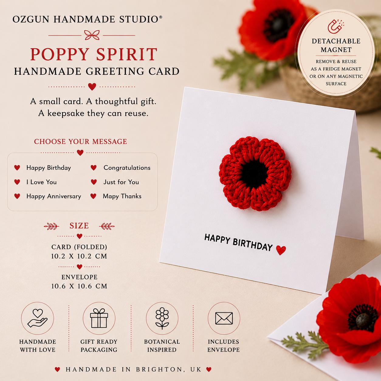Crochet Poppy Flower Card with Removable Keepsake Magnet, Handmade Floral Greeting __etsy:8053616604