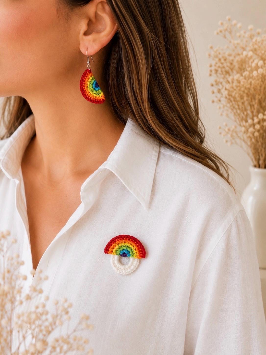 Crochet Rainbow Earrings, Sterling Silver Hooks, Handmade Pride Jewelry, Glasses Holder Set __etsy:8118561543