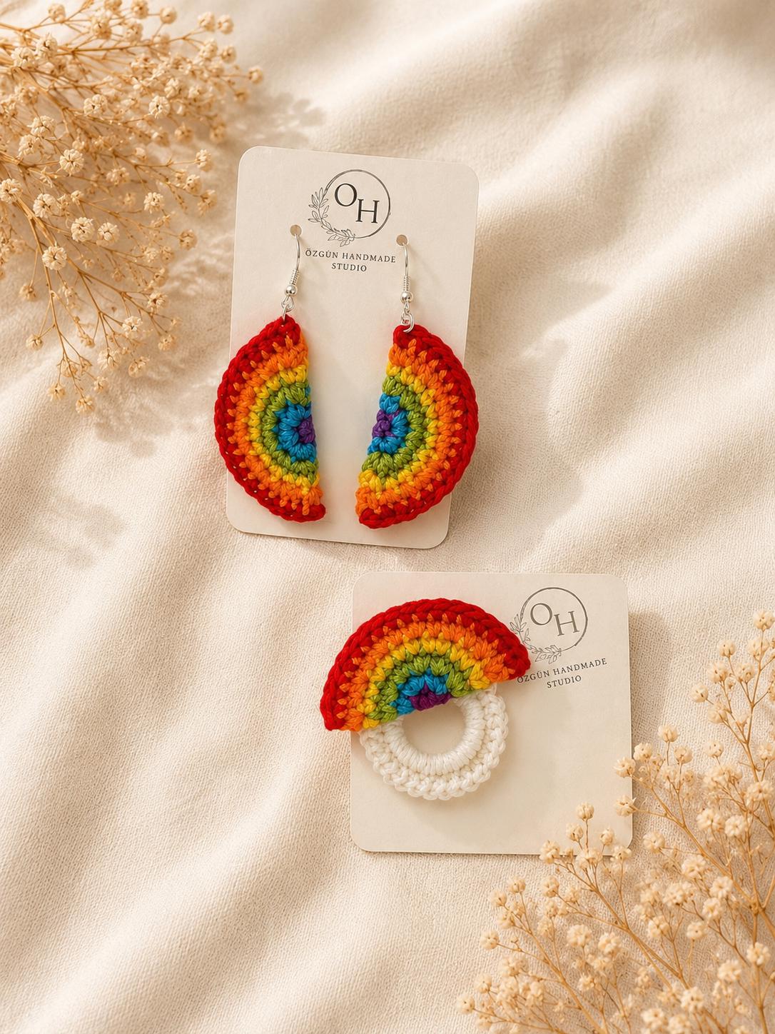 Crochet Rainbow Earrings, Sterling Silver Hooks, Handmade Pride Jewelry, Glasses Holder Set __etsy:8070648608
