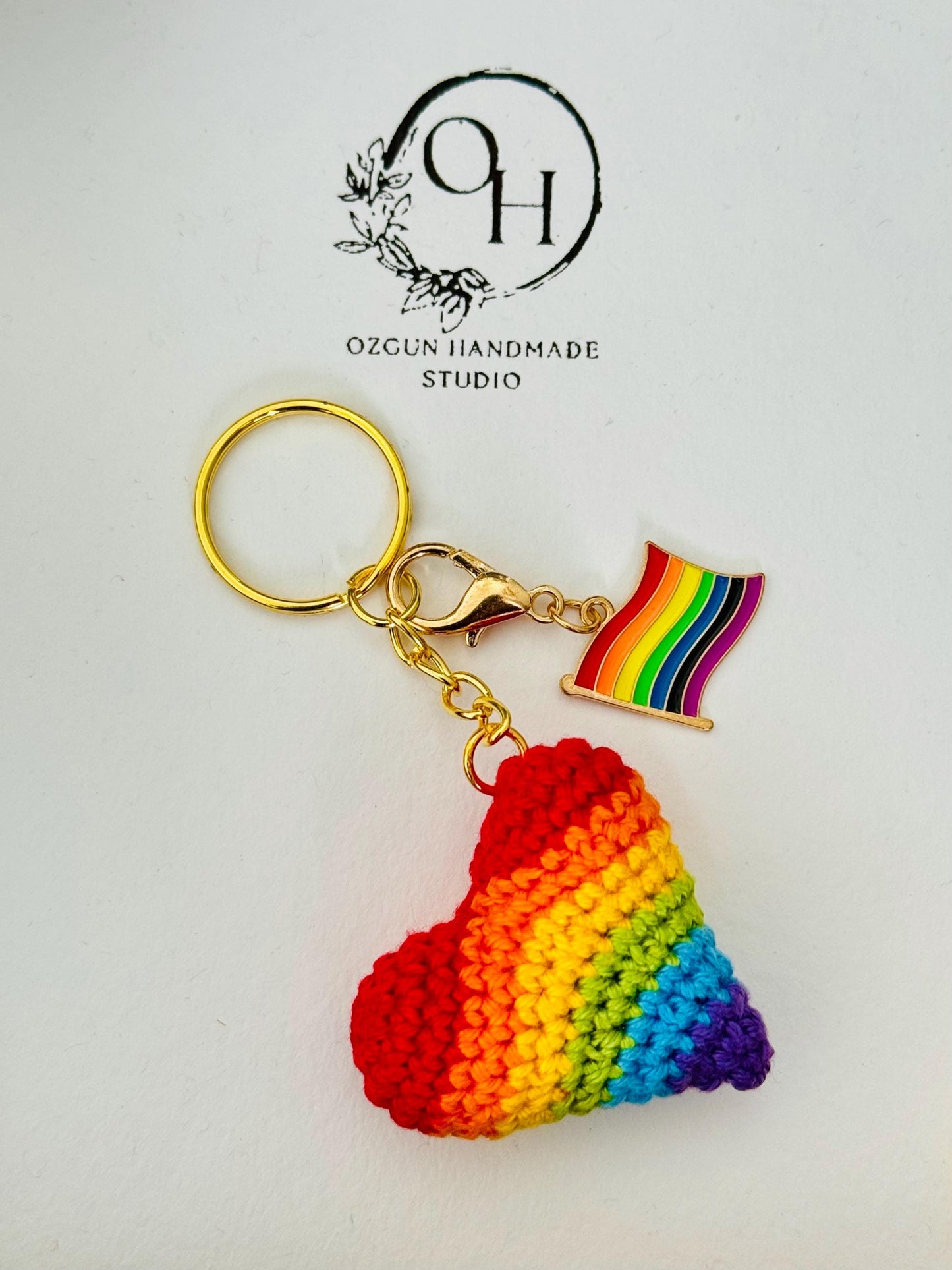 Crochet Rainbow Heart Keychain with Pride Flag Charm