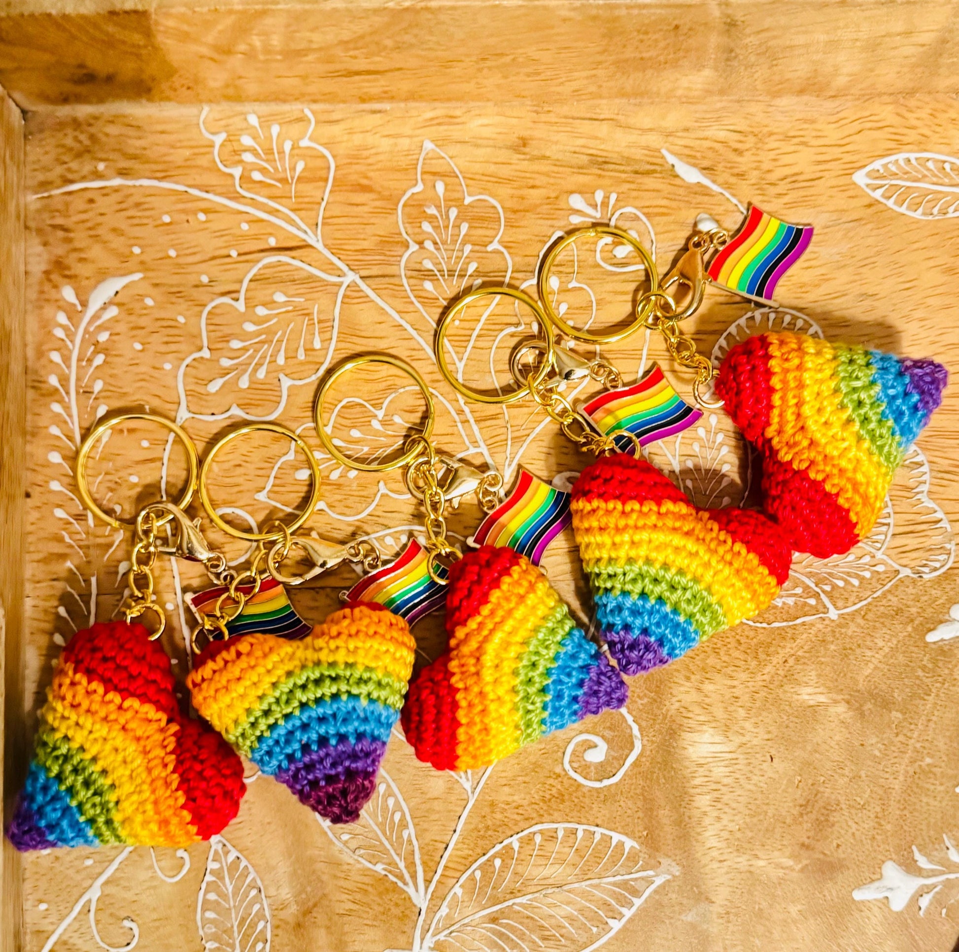 Crochet Rainbow Heart Keychain with Pride Flag Charm