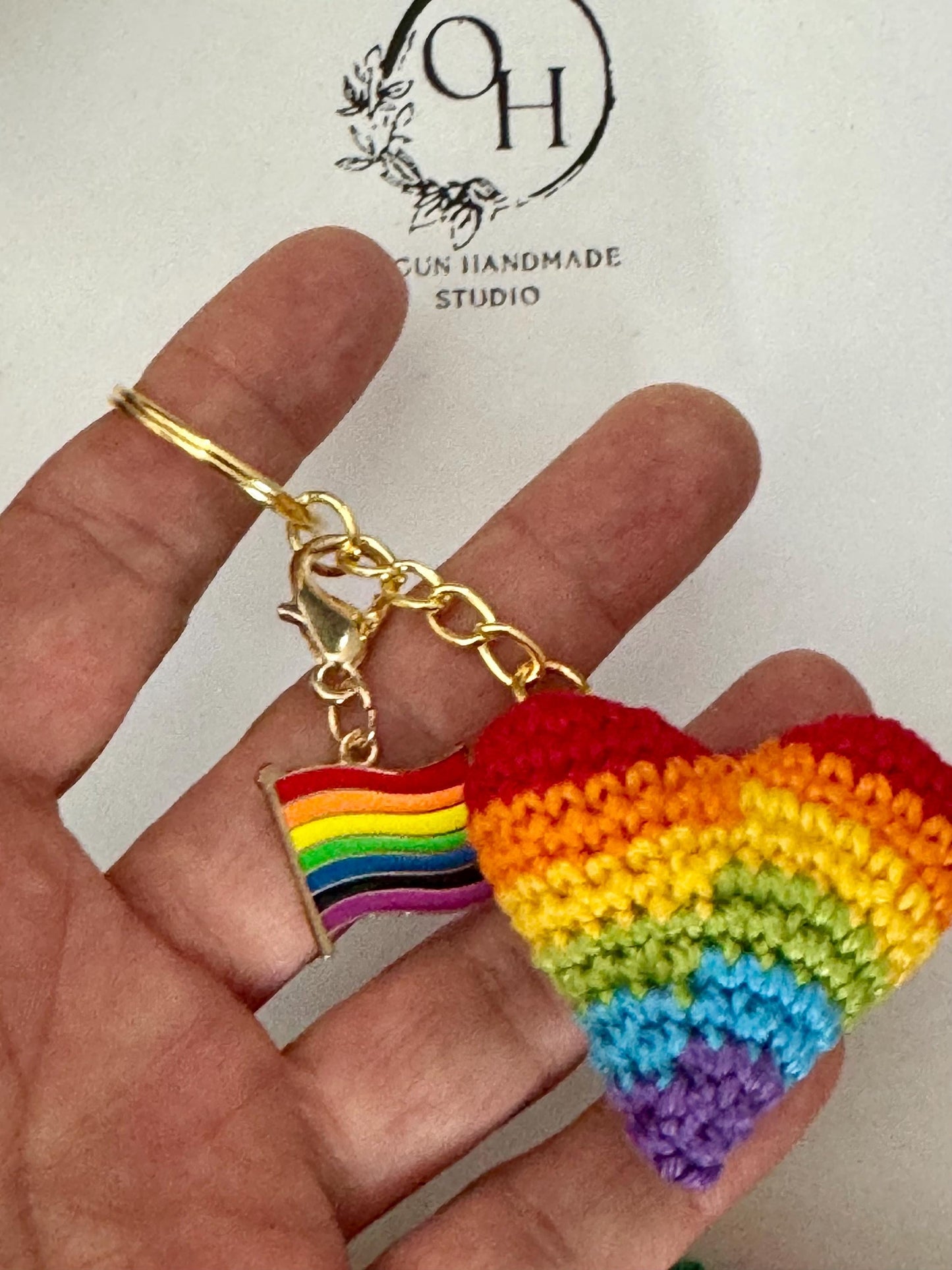 Crochet Rainbow Heart Keychain with Pride Flag Charm